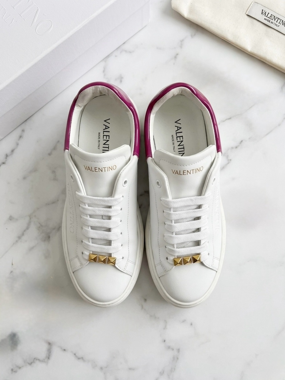 Valentino Style White & Fuchsia Studded Platform Sneakers - Fits 8.5
